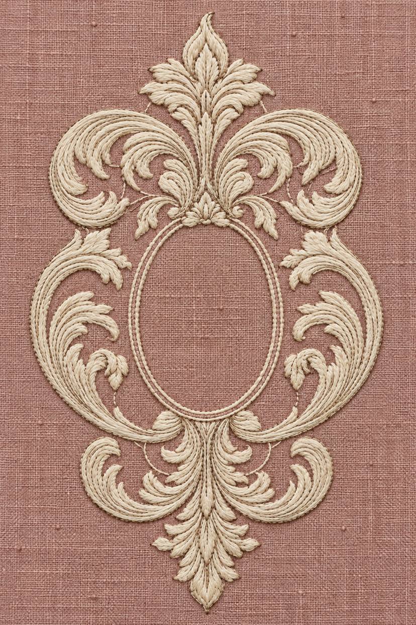 Ivory cotton oval acanthus cartouche frame with mirrored scrolls and an empty center on dusty rose linen.