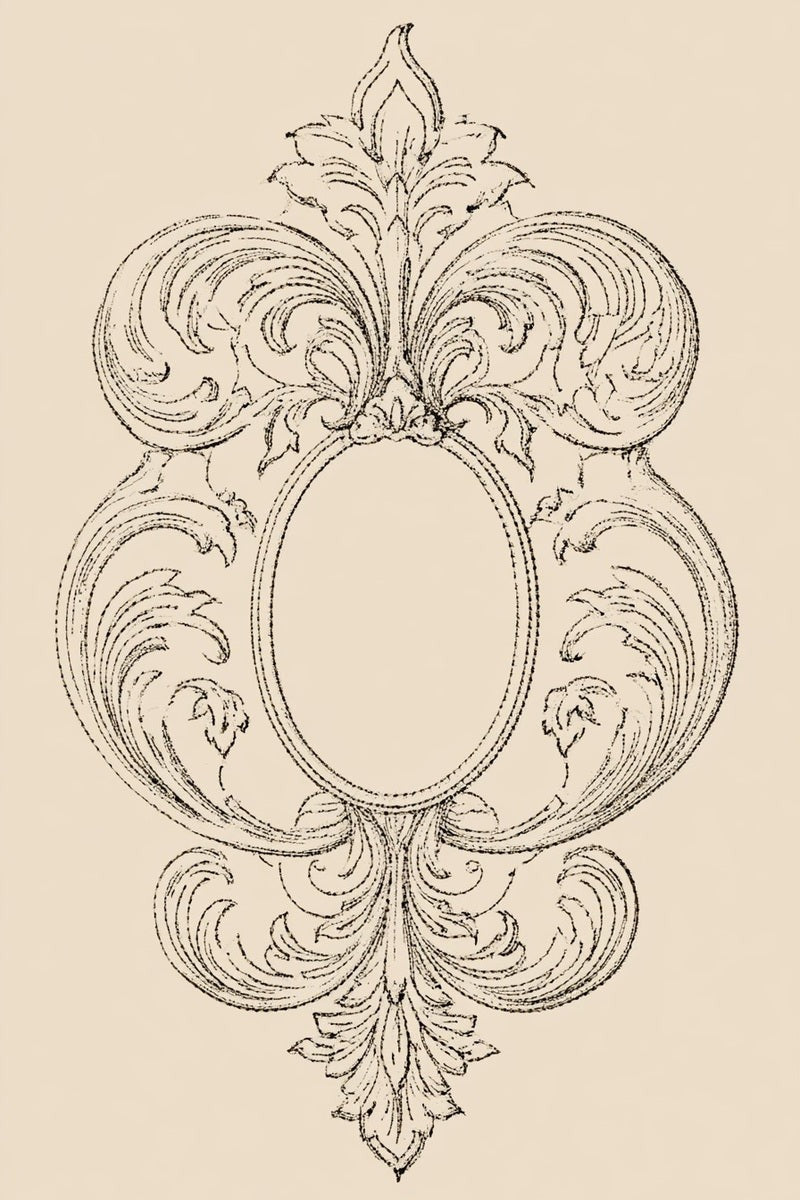 Drawing of an oval cartouche frame with symmetrical acanthus scrolls.