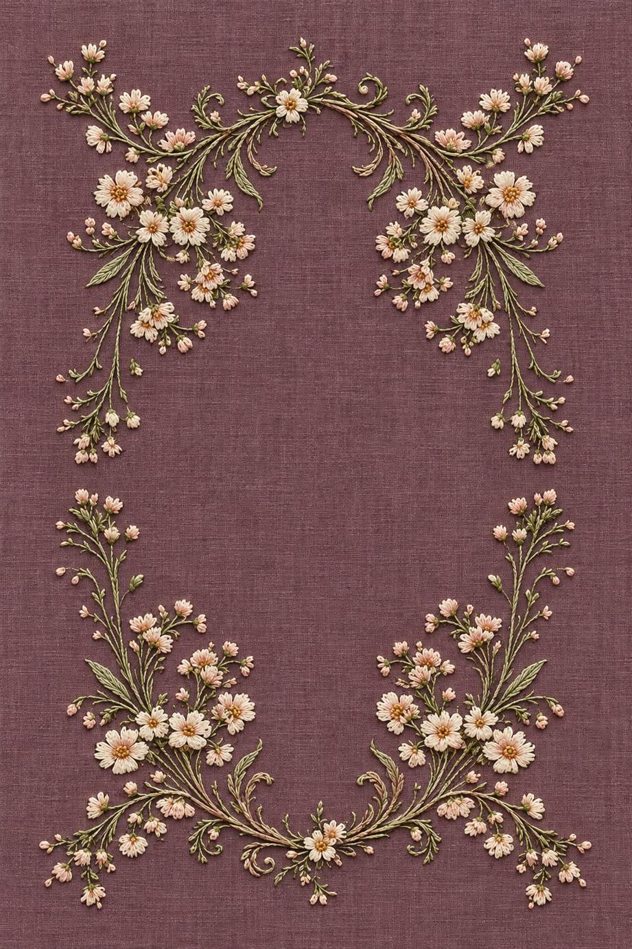Delicate ivory and pale blush flowering garland with open gaps at each side of an oval frame on dusty plum linen.