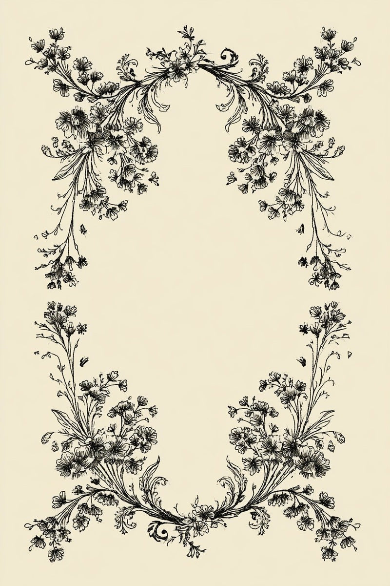 Drawing of an oval botanical garland frame with fine flowering stems.