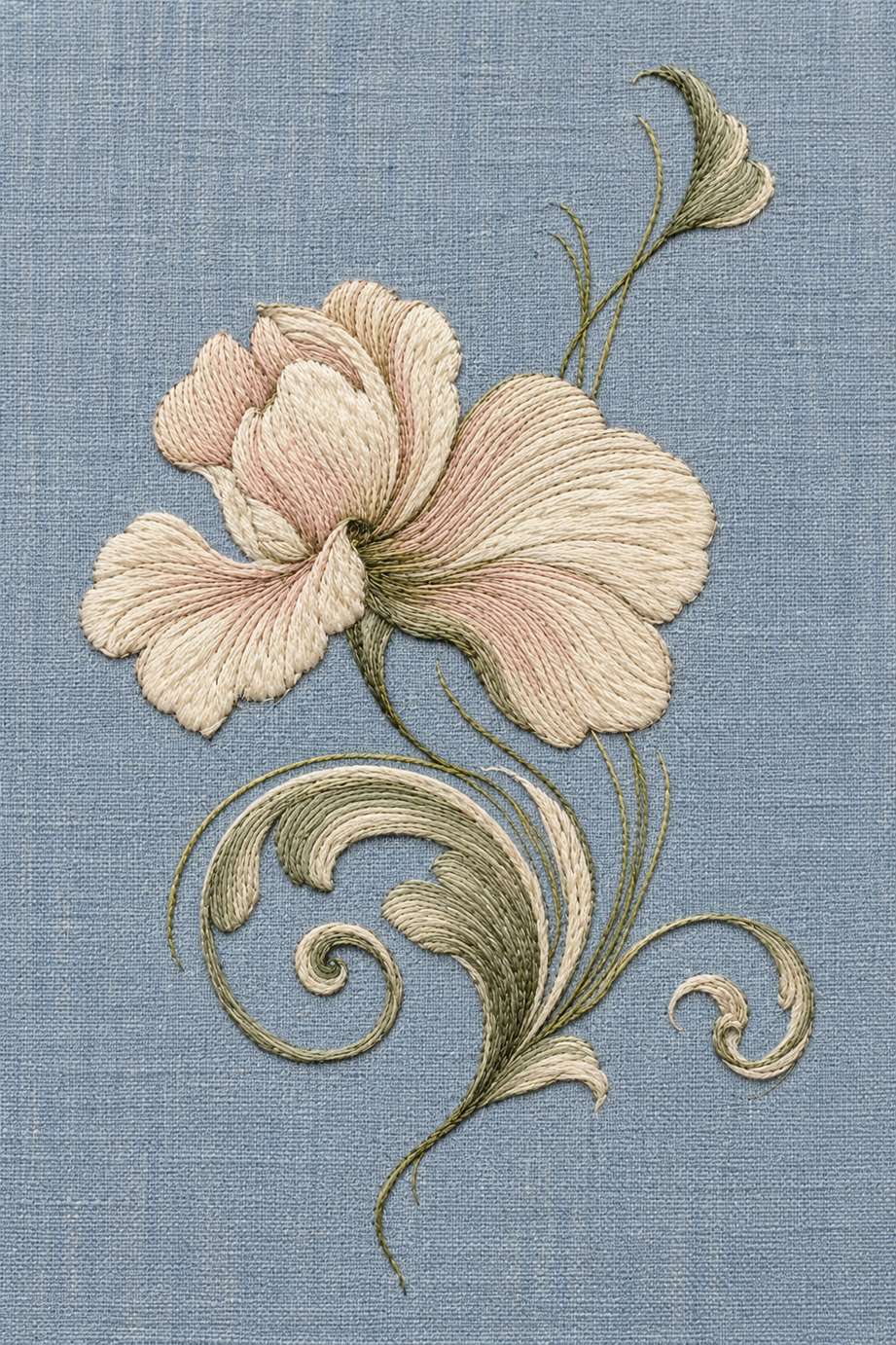 Single ivory and pale blush cotton flower above sage and ivory ornamental scrolls on dusty blue linen.