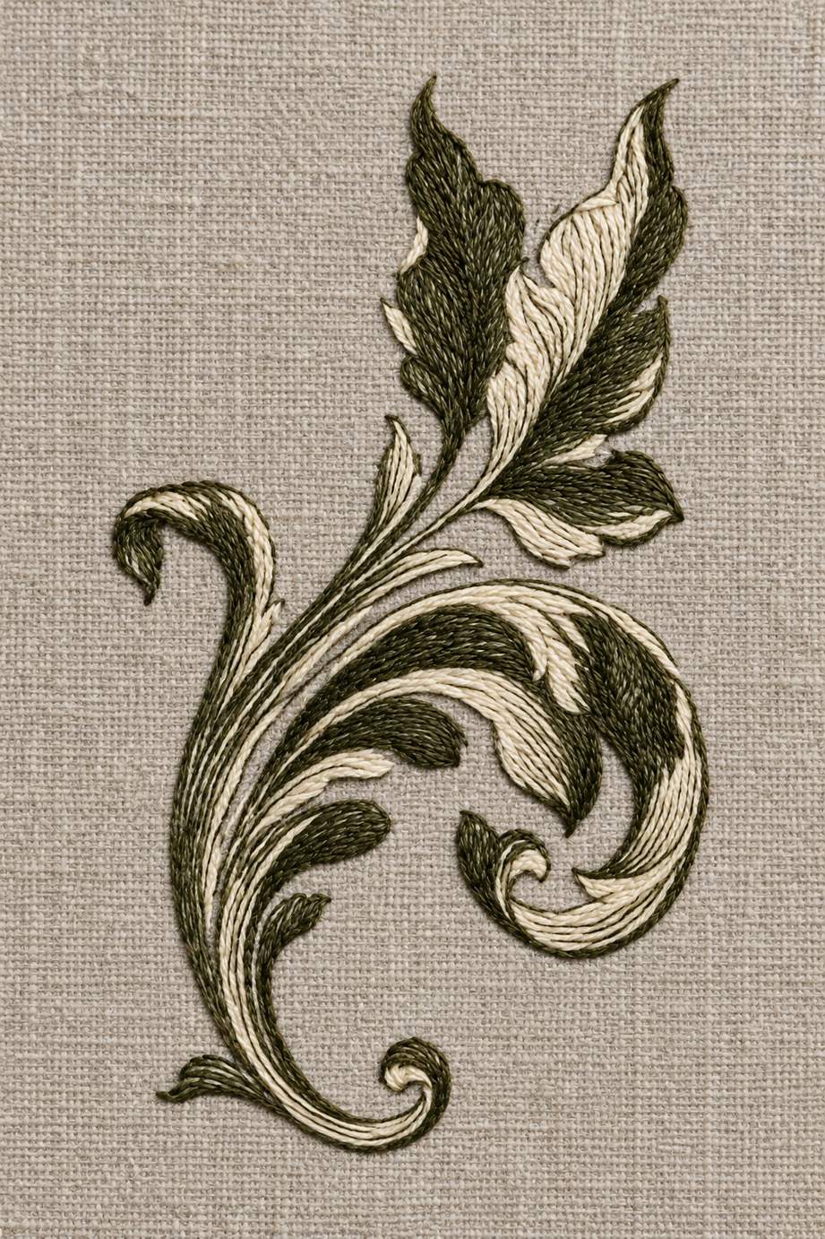 Two-tone ivory and deep olive cotton acanthus leaf spray with curled stems embroidered on warm stone grey linen.