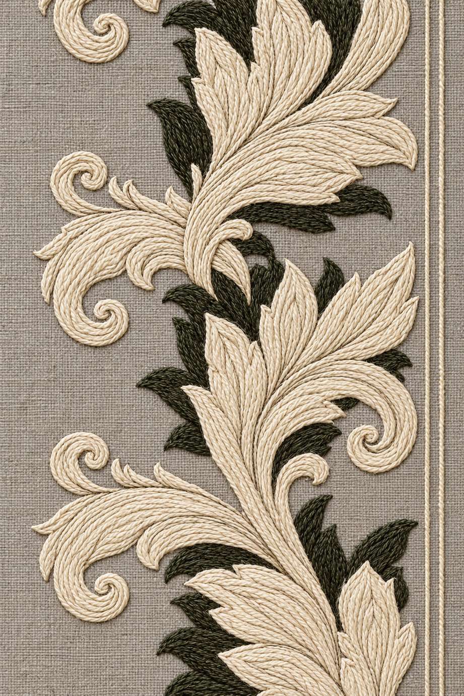 Two-tone warm ivory and deep olive cotton acanthus ribbon border with curled leaf tips on warm stone grey linen.