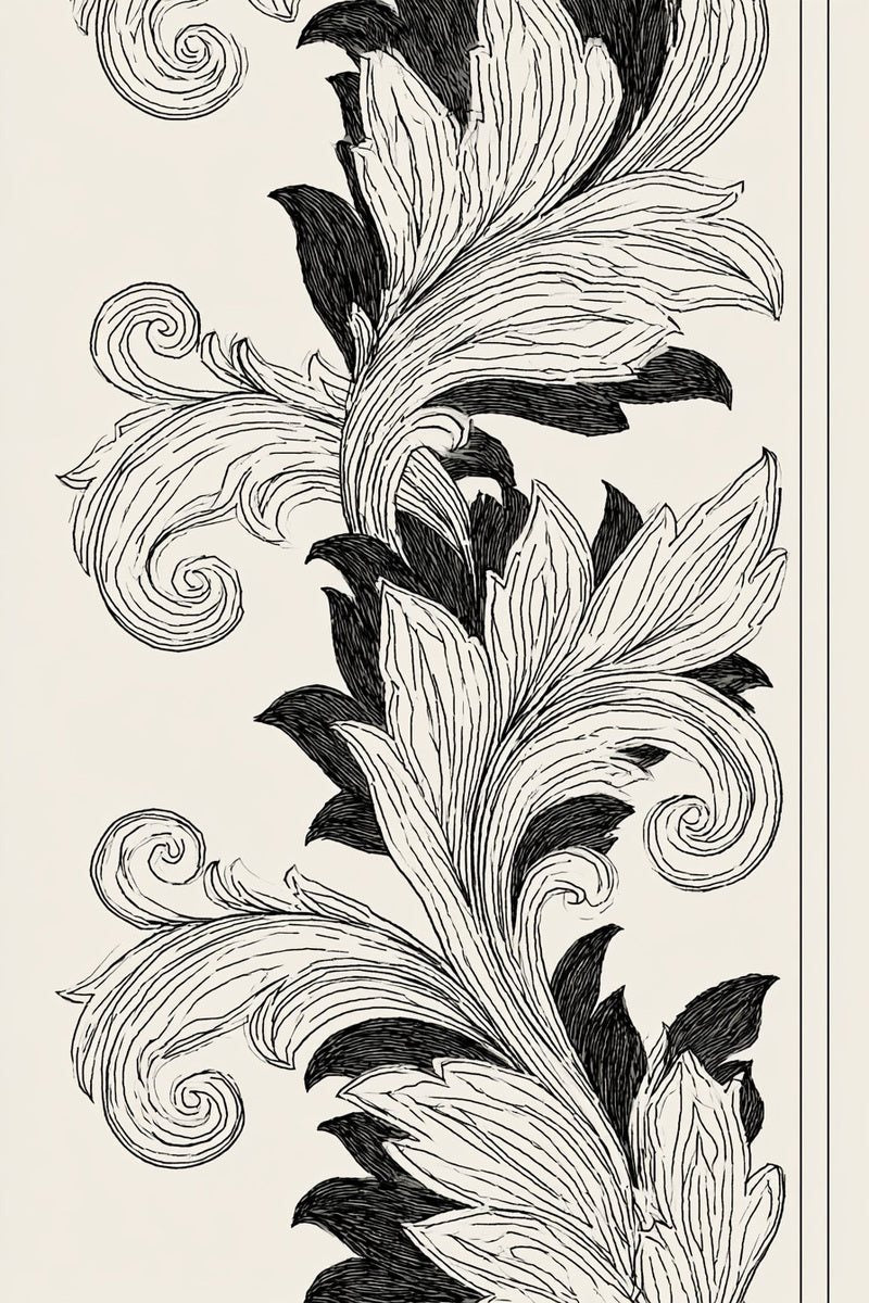 Drawing of a vertical acanthus ribbon border with light leaves and dark accents.