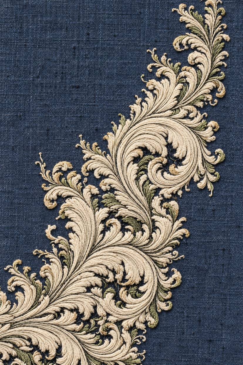 Ivory cotton ascending acanthus scroll border with subtle sage leaf accents embroidered on smoky indigo linen.