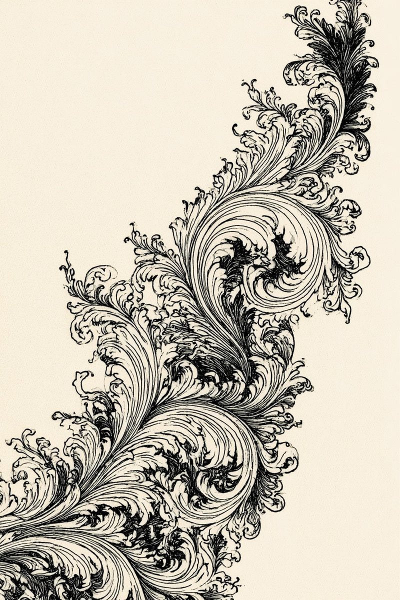 Drawing of an ascending acanthus scroll border with intricate curled leaves and fine tendrils.