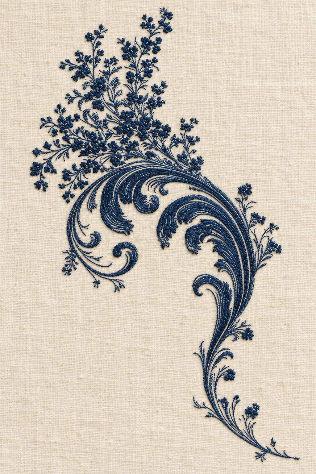 Fine indigo cotton floral filigree spray with tiny blossoms and sweeping acanthus scrolls on warm ivory linen.