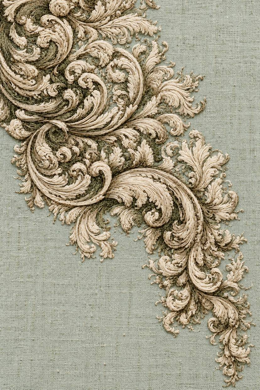 Dense ivory and oat cotton baroque acanthus scroll corner with muted olive accents on pale celadon linen.