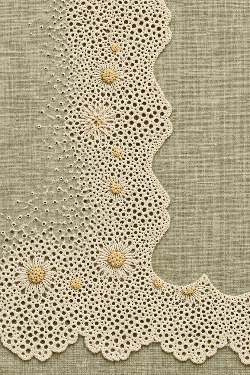 Ivory cotton floral eyelet lace corner with pale straw daisy centers and scalloped edges on warm sage linen.