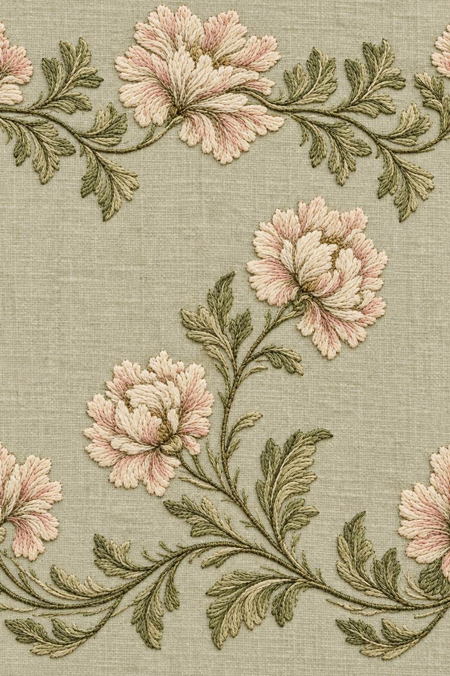 Ivory and pale blush flowers with olive acanthus leaves form upper and lower runner borders on warm sage linen.