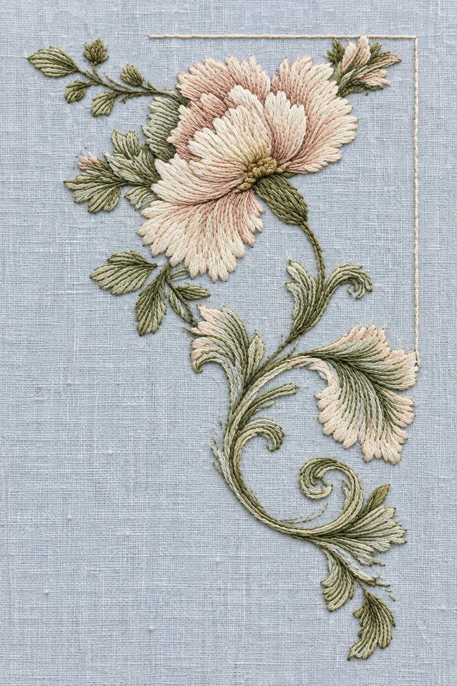 Ivory and dusty blush flower with sage acanthus leaves and a fine corner line embroidered on pale powder blue linen.