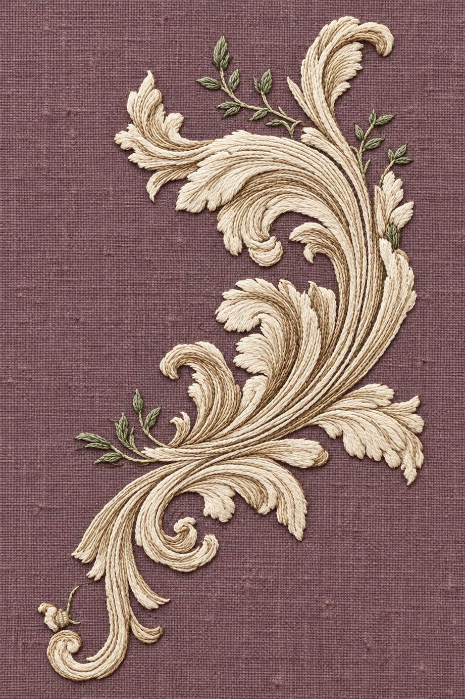 Fine ivory and oat cotton flowing acanthus scroll with small sage sprigs embroidered on dusty plum linen.
