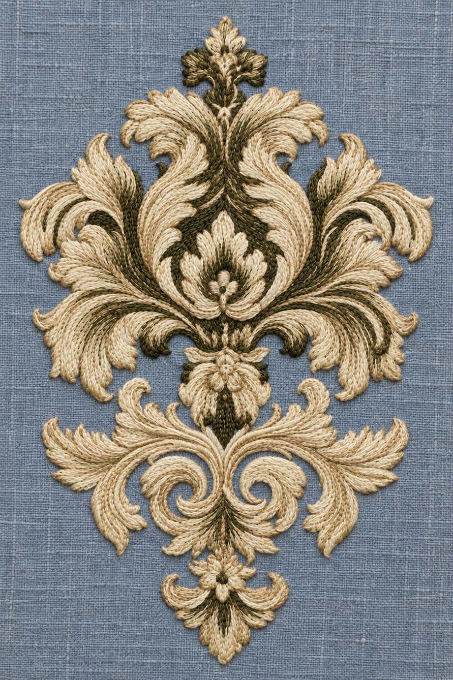Symmetrical ivory and oat cotton acanthus cartouche with muted olive shading embroidered on dusty blue linen.