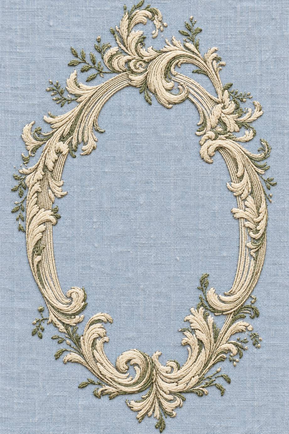 Warm ivory cotton oval acanthus scroll frame with muted sage sprigs and an empty center on pale powder blue linen.