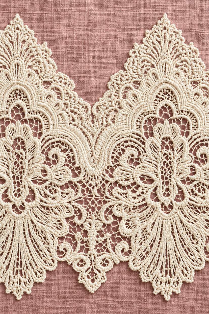 Fine ivory cotton paired floral needlelace panel with pointed scalloped crests and open mesh on dusty rose linen.