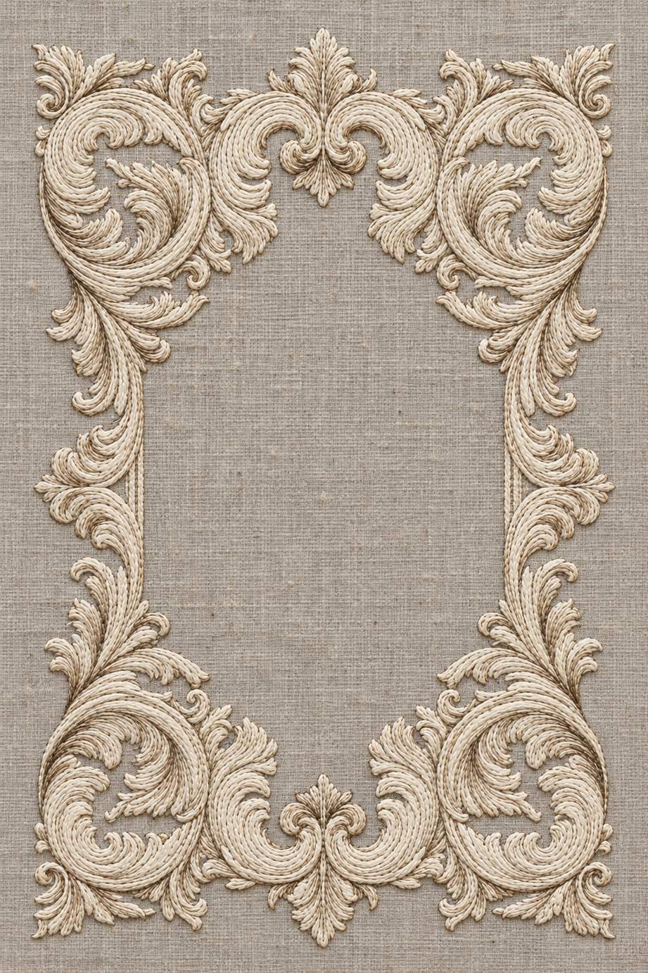 Ivory and oat cotton rectangular acanthus frame with mirrored scroll corners and an empty center on warm stone grey linen.