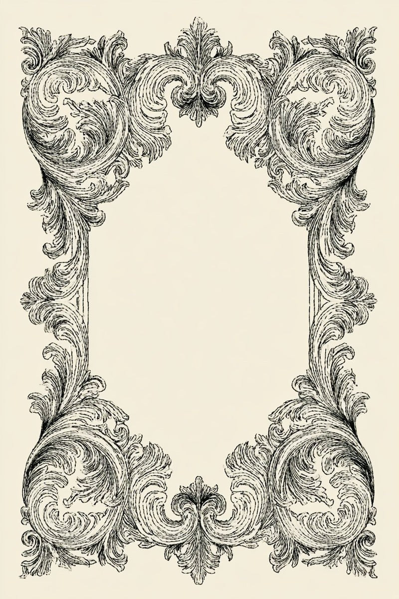 Drawing of a rectangular frame with ornate acanthus corners.