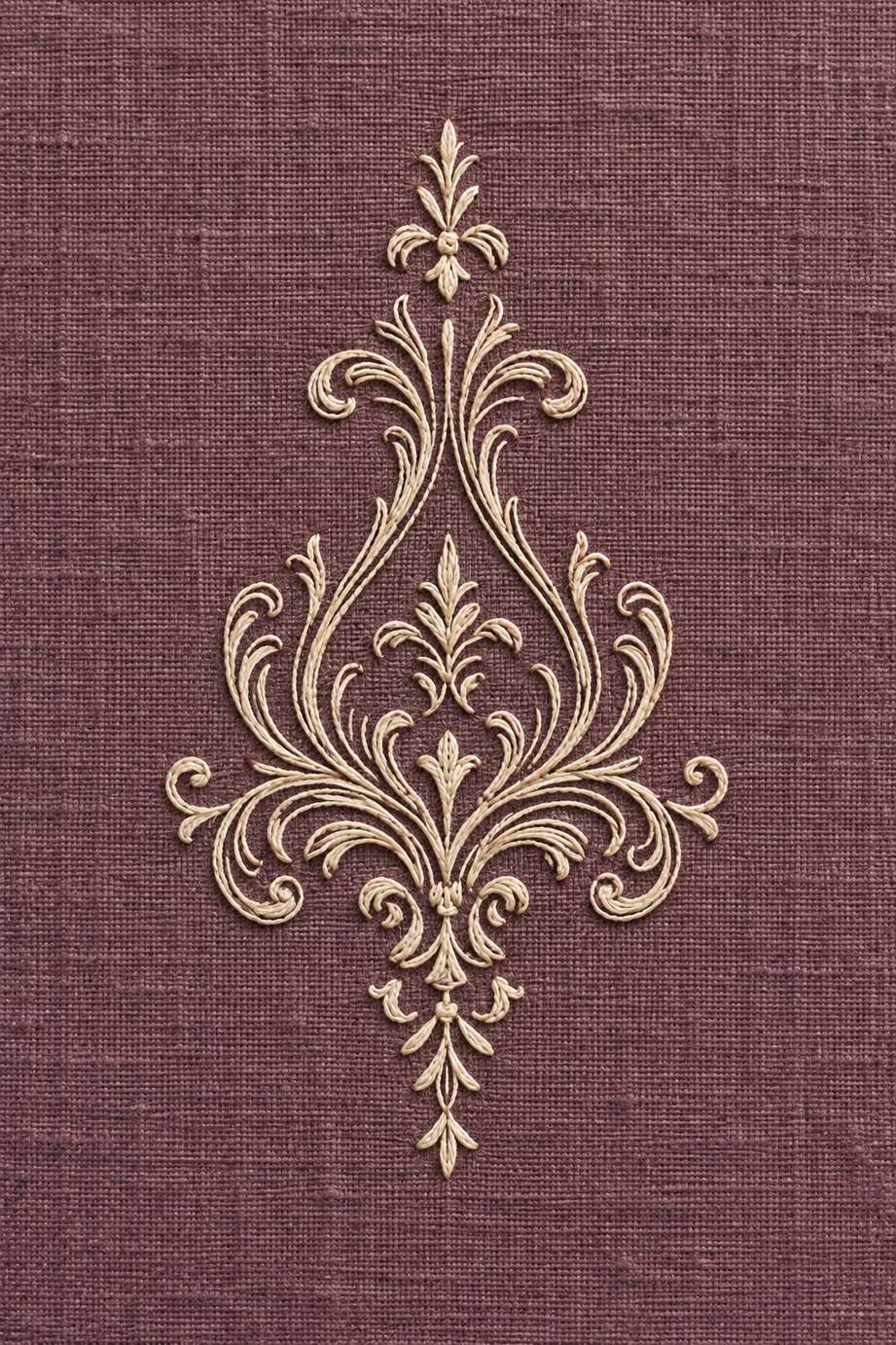 Fine ivory cotton symmetrical filigree pendant with curled leaves and a small trailing sprig on dusty plum linen.