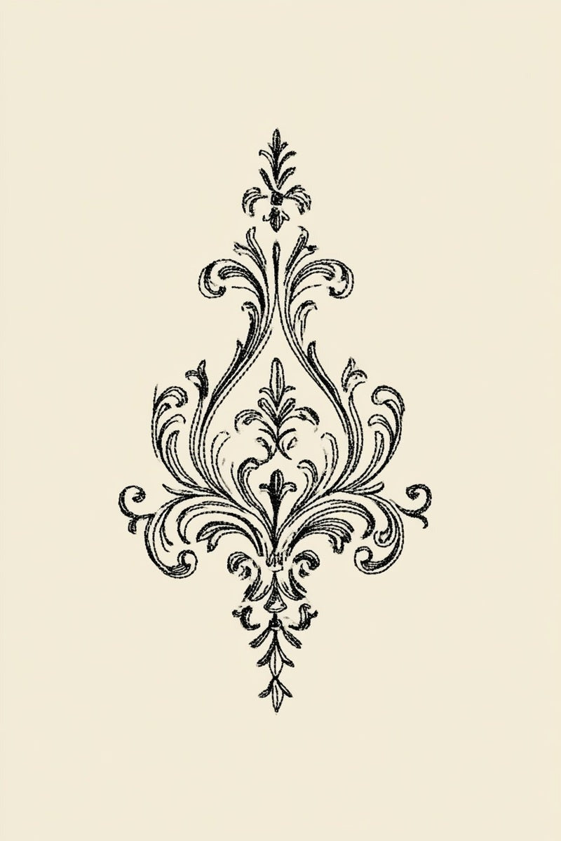 Drawing of a symmetrical filigree pendant with fine curling leaves.