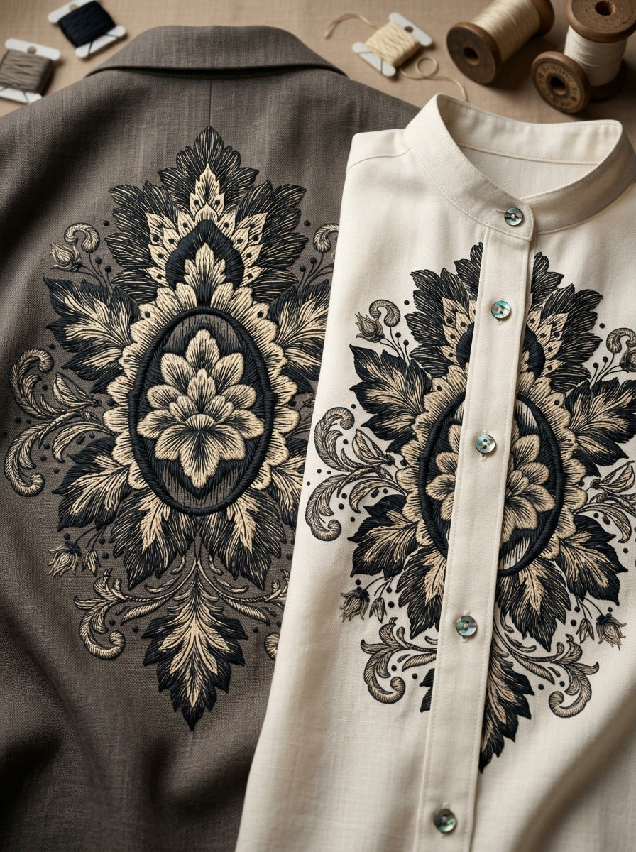Ornamental Fashion Medallion Fashion Embroidery from Jacket Backs & Shirt Fronts Embroidery Book 3, a digital embroidery design reference for machine embroidery designs, embroidery patterns and garment placement ideas.