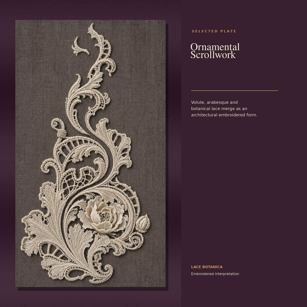 Ornamental scrollwork and arabesque embroidered lace study