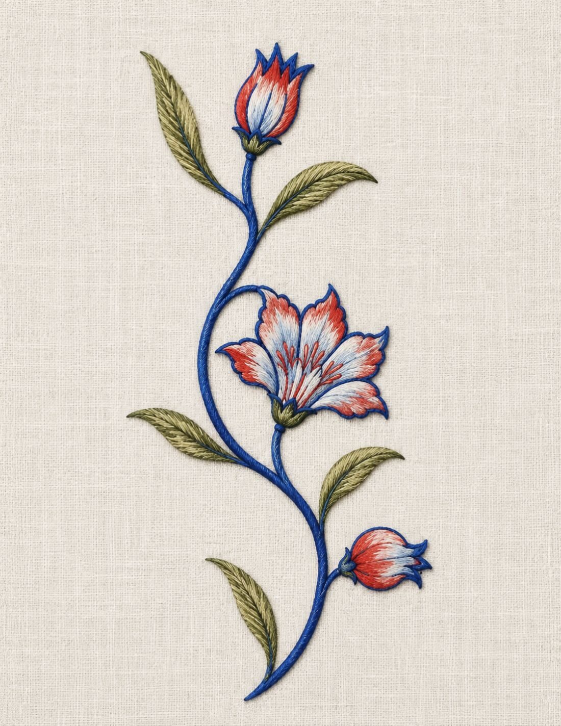 The Stitched Garden page showing a curving floral stem embroidered with a blue-white-red open bloom, two buds and olive leaves.