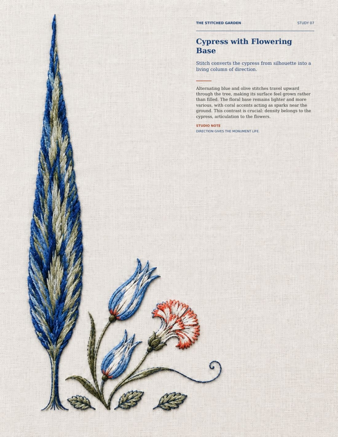 The Stitched Garden page featuring a tall blue and olive embroidered cypress beside a lighter flowering base on pale linen.