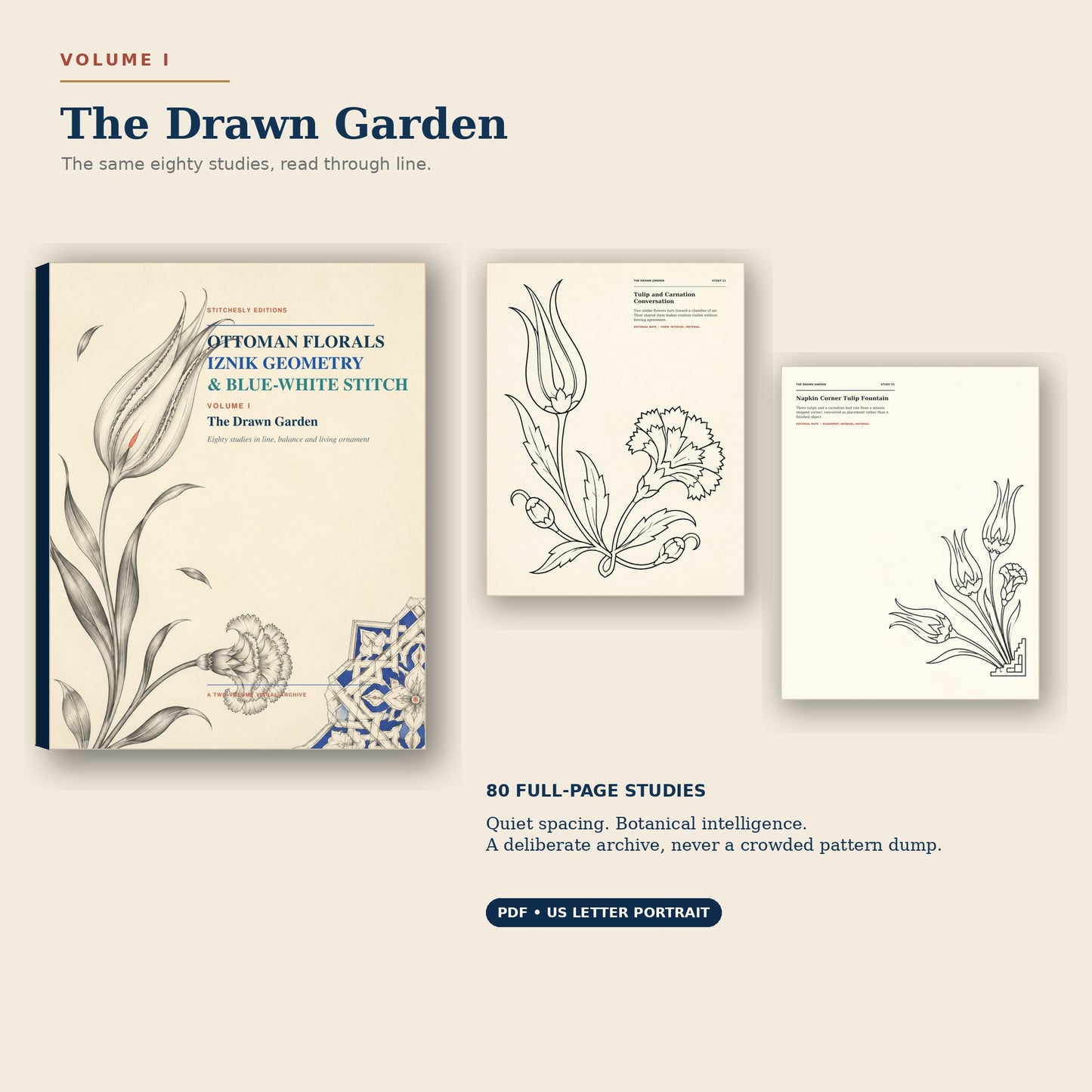 The Drawn Garden Volume One cover with spacious monochrome Ottoman botanical study pages.
