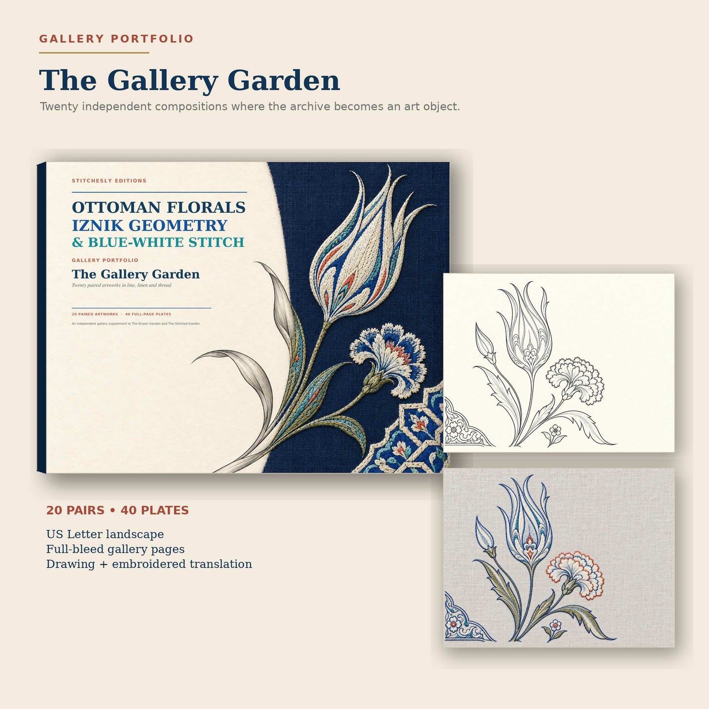 The Gallery Garden landscape book cover with drawing and embroidered pages from The Tulip Court artwork pair.