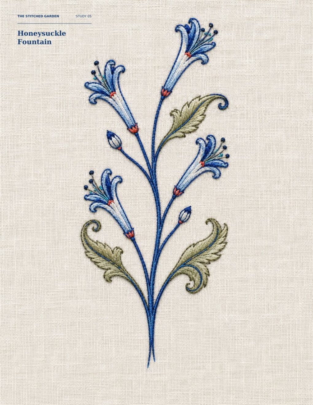 The Stitched Garden page featuring a honeysuckle fountain embroidered with cobalt stems, blue-white flowers, olive leaves and red accents.