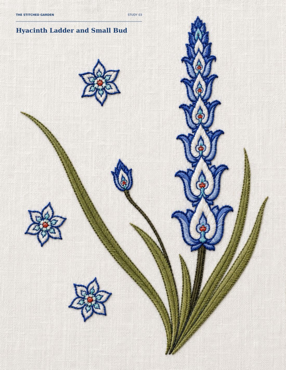 The Stitched Garden page featuring an embroidered hyacinth ladder, small bud, long olive leaves and three blue-white rosettes.