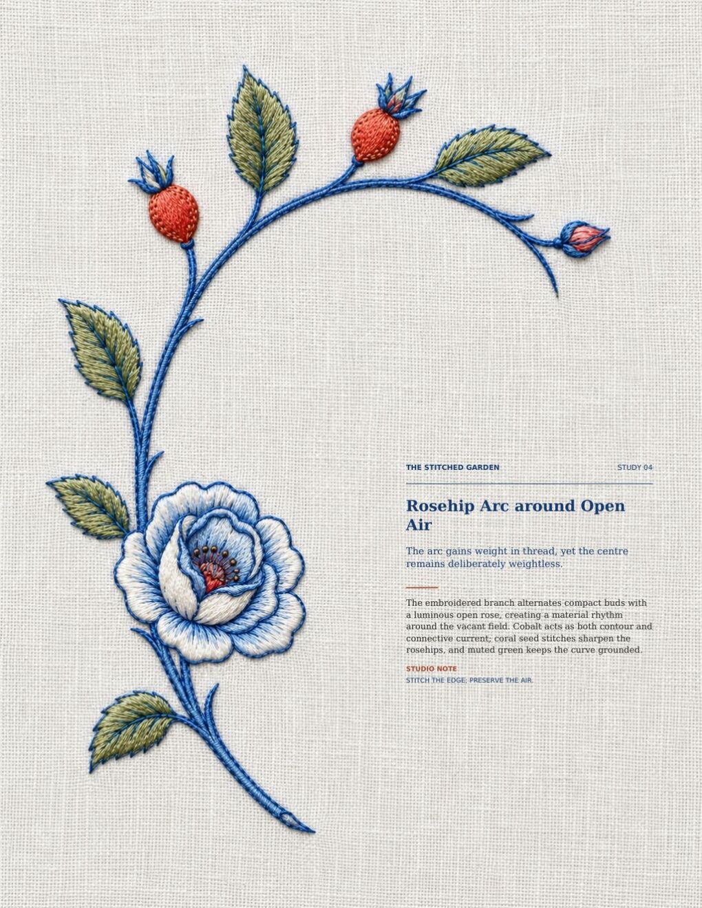 The Stitched Garden page showing a blue-white embroidered rose and rosehip arc preserving a large field of open linen.