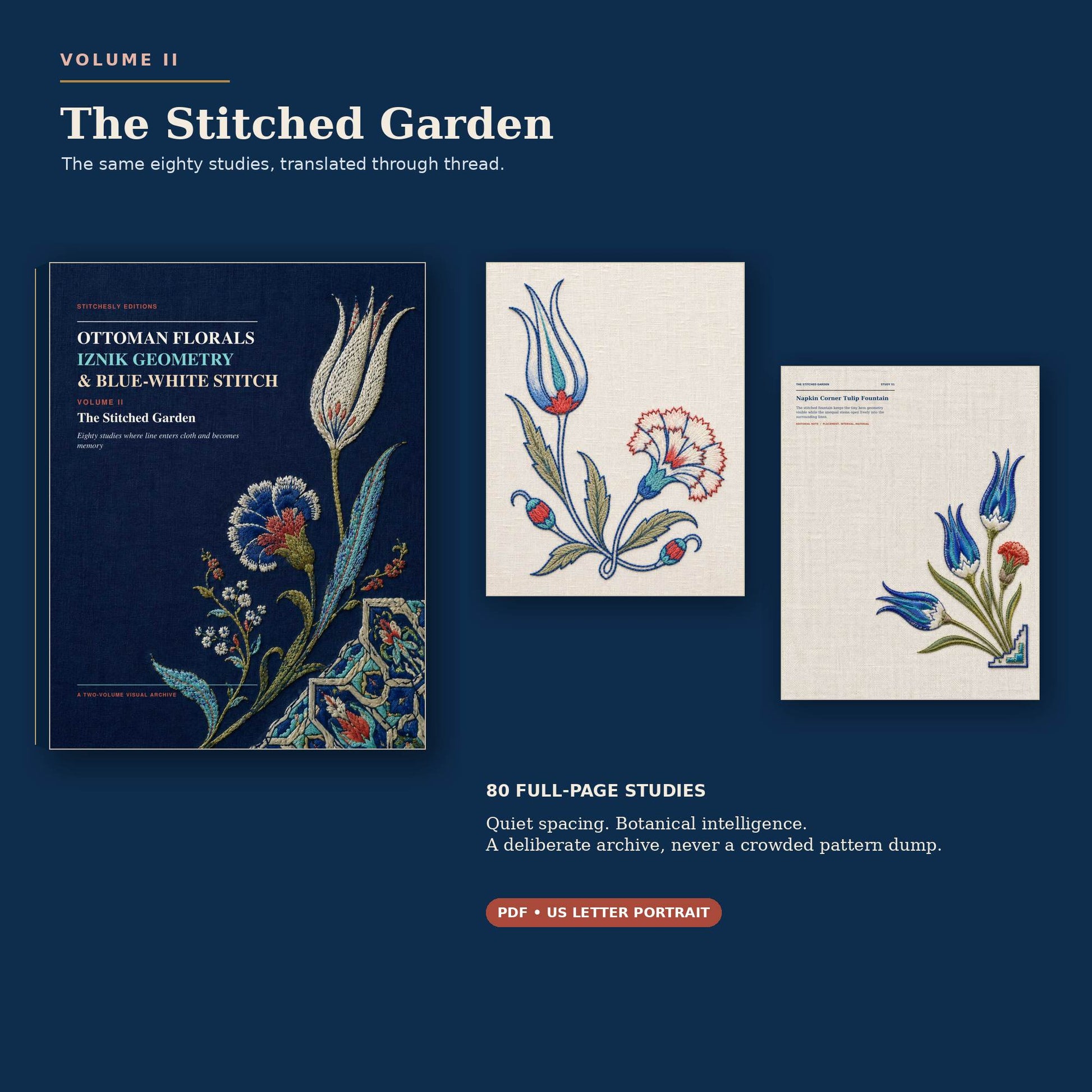 The Stitched Garden Volume Two cover with refined blue white and restrained red embroidered study pages.