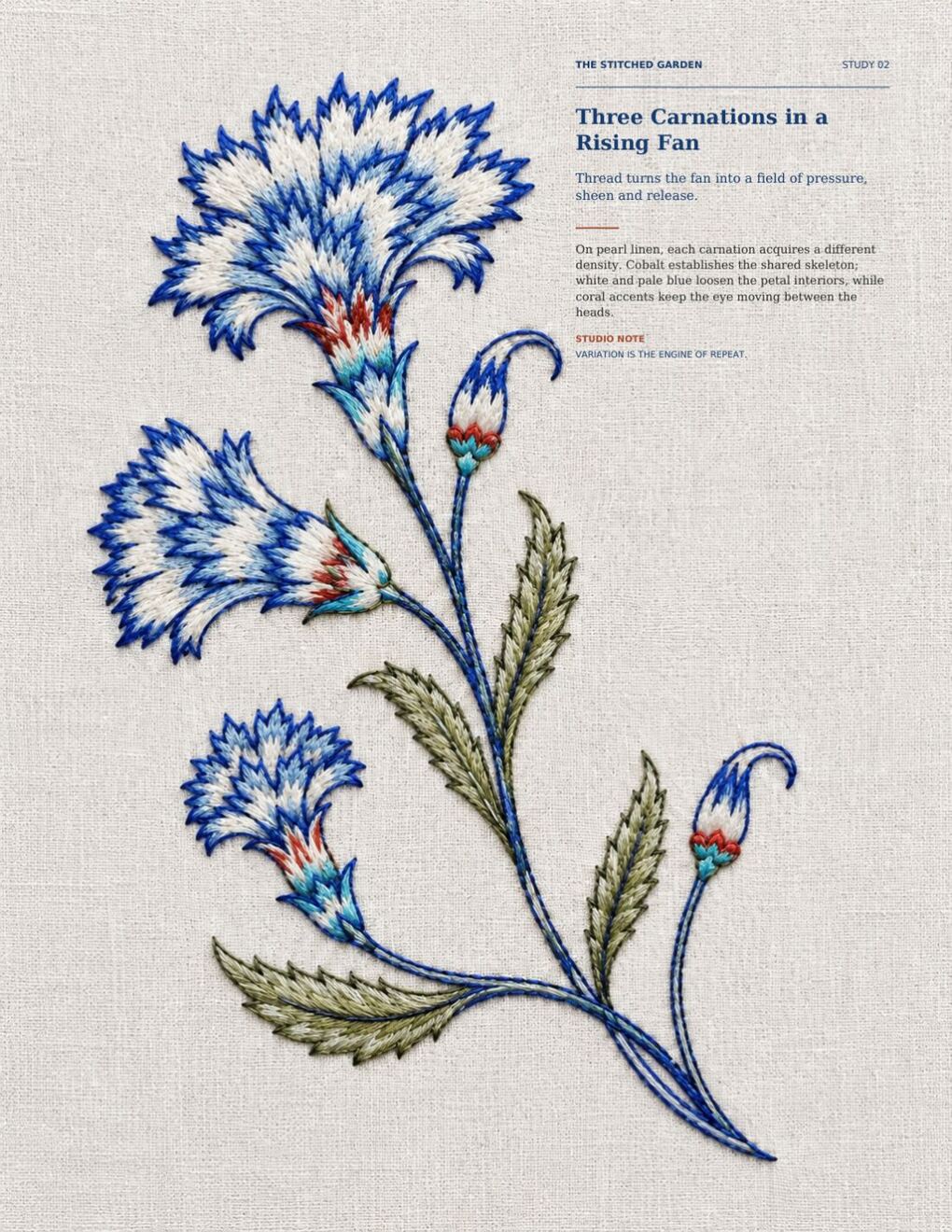 The Stitched Garden page showing Three Carnations in a Rising Fan embroidered in cobalt blue, white, turquoise, olive and red on linen.
