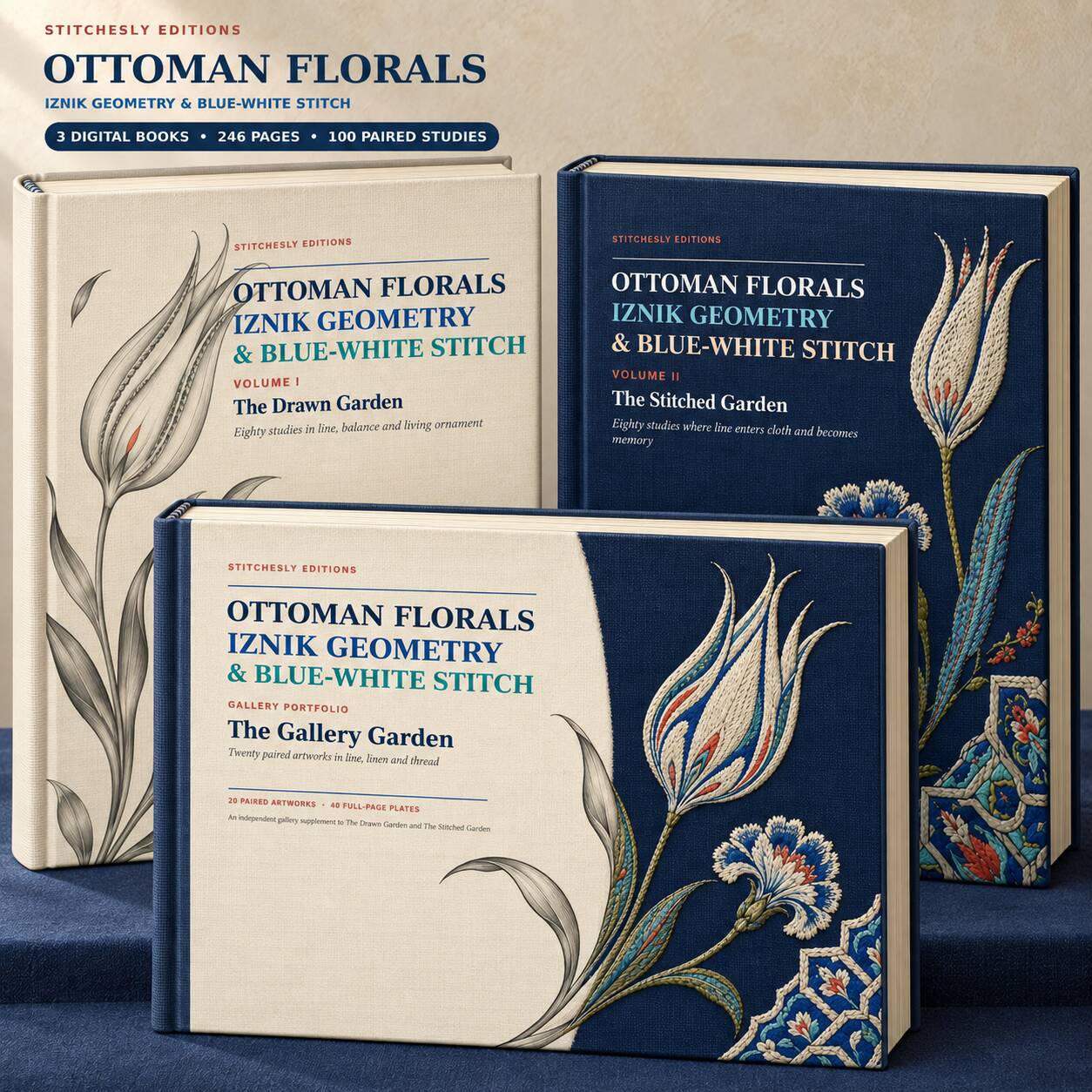 Three equal-scale US Letter Ottoman Florals digital books shown as premium hardcover mockups, including two portrait volumes and The Gallery Garden landscape portfolio.