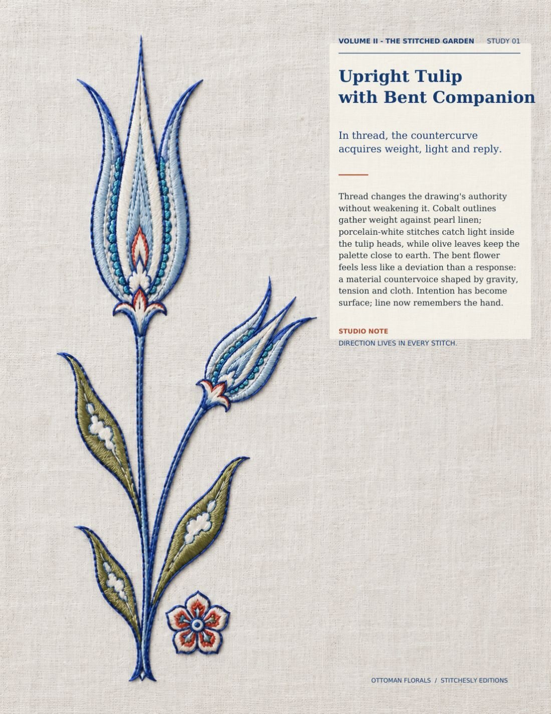 The Stitched Garden book page featuring Upright Tulip with Bent Companion in cobalt blue, white, olive and red embroidery on pale linen.