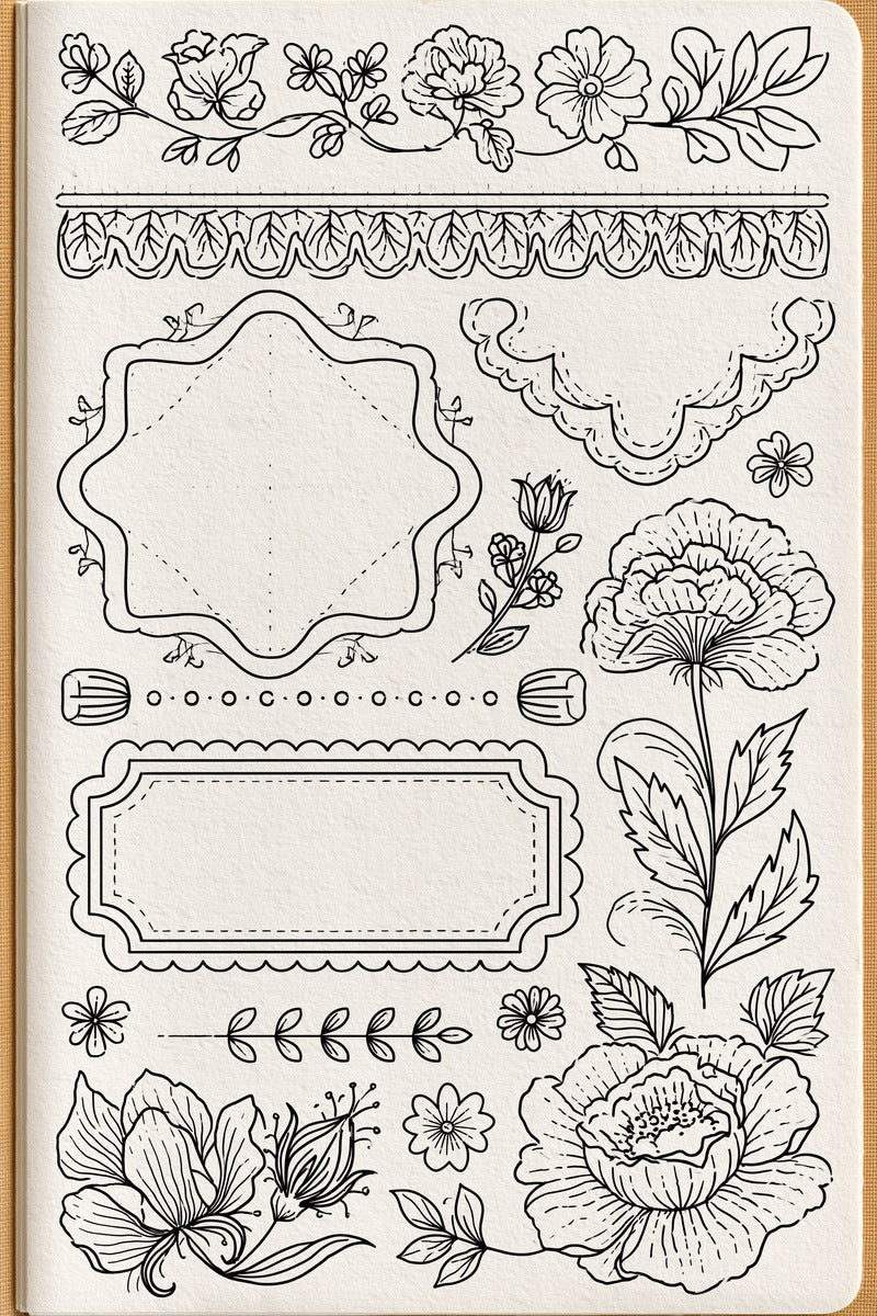 Outline Borders Corners And Frames from Backstitch & Outline Designs Book 3, a digital embroidery design reference for machine embroidery designs, embroidery patterns and border and edge embroidery.