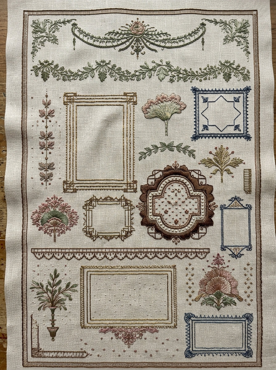 Outline Frame And Border Set from Backstitch & Outline Designs Book 1, a digital embroidery design reference for machine embroidery designs, embroidery patterns and border and edge embroidery.