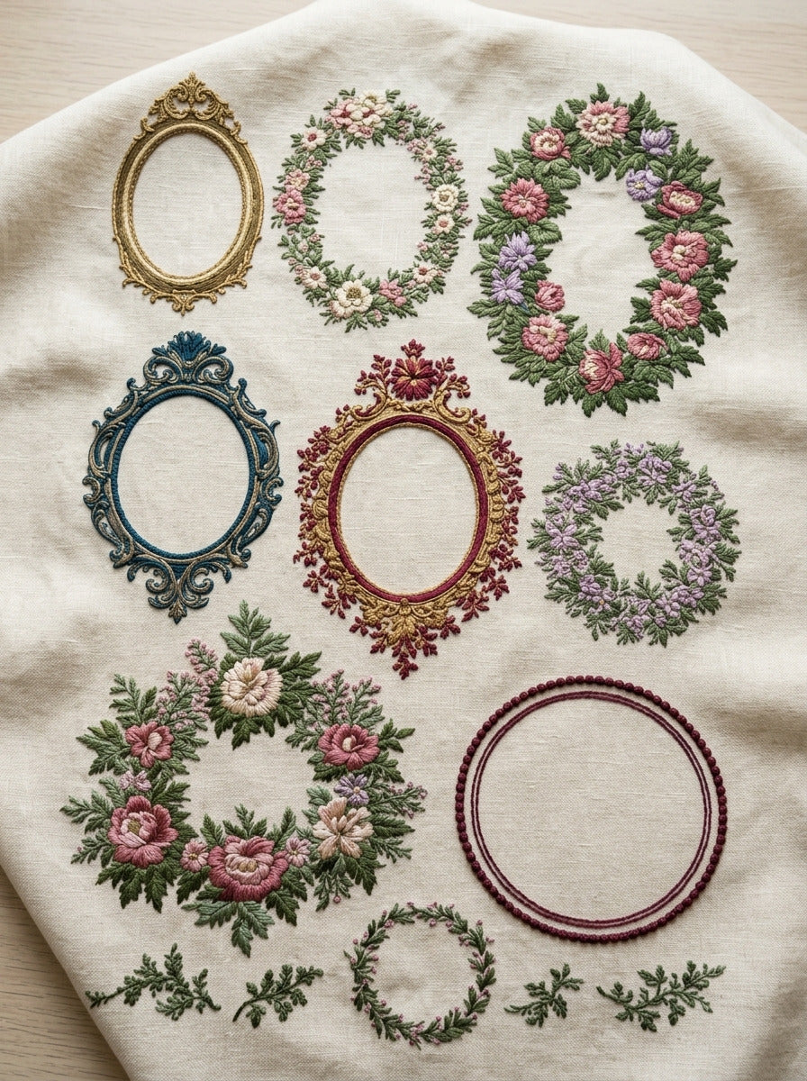 Oval Circular And Monogram Frame from Classic Frames & Borders Book 5, a digital embroidery design reference for machine embroidery designs, embroidery patterns and border and edge embroidery.