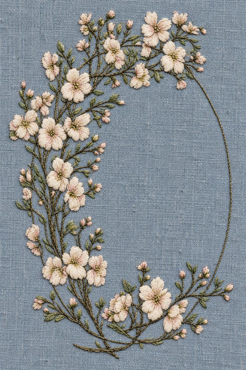 Digital embroidery visualization of an asymmetric ivory floral oval frame on dusty blue linen.