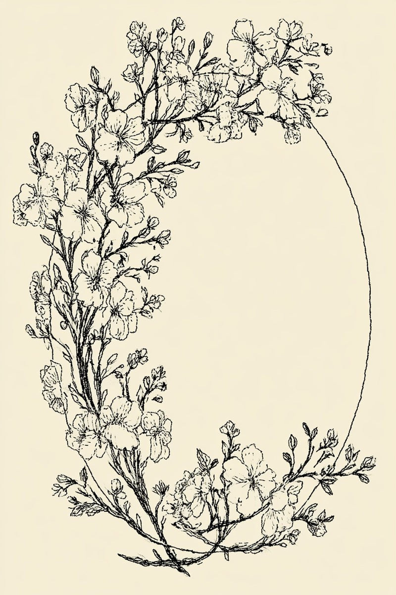 Original book drawing of an asymmetrical oval floral frame.