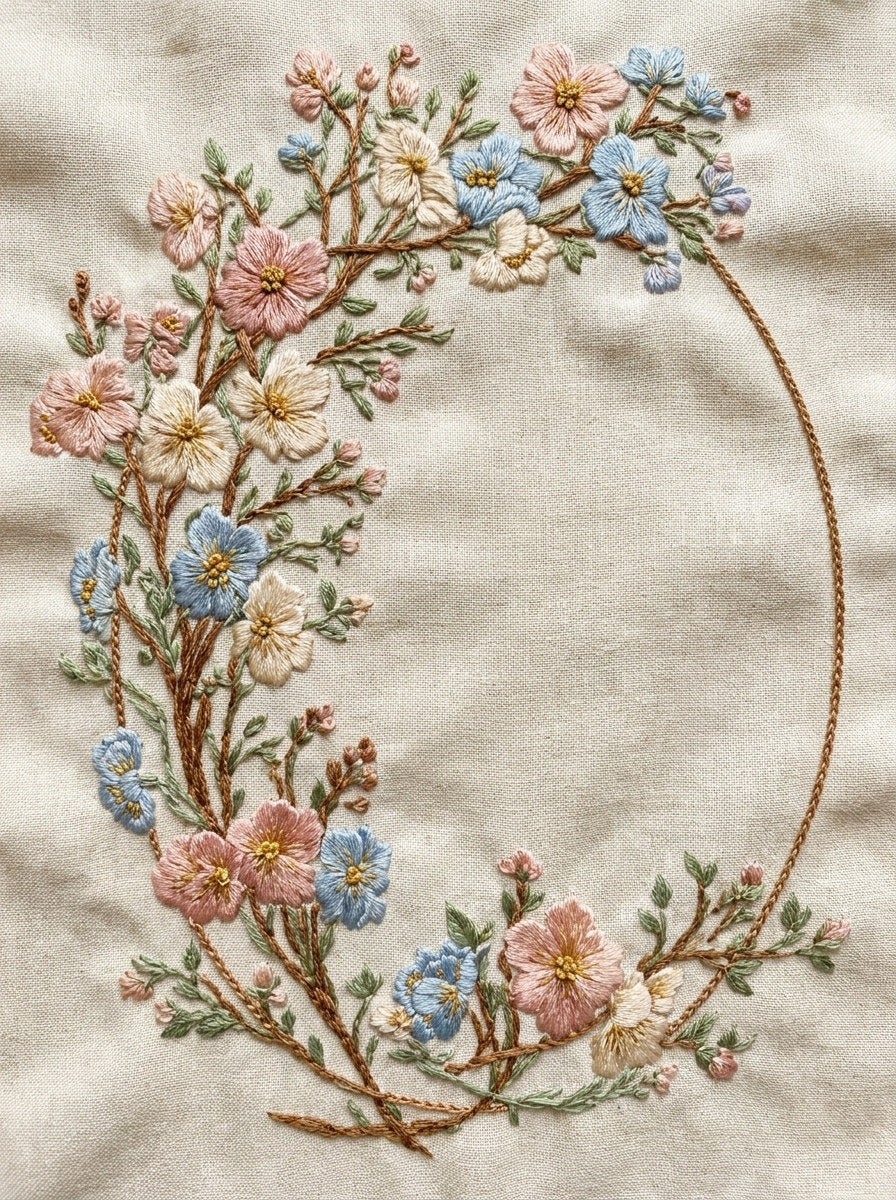 Oval Floral Frame from Botanical Embroidery Designs Book 2, a digital embroidery design reference for machine embroidery designs, embroidery patterns and frames and monogram spaces.