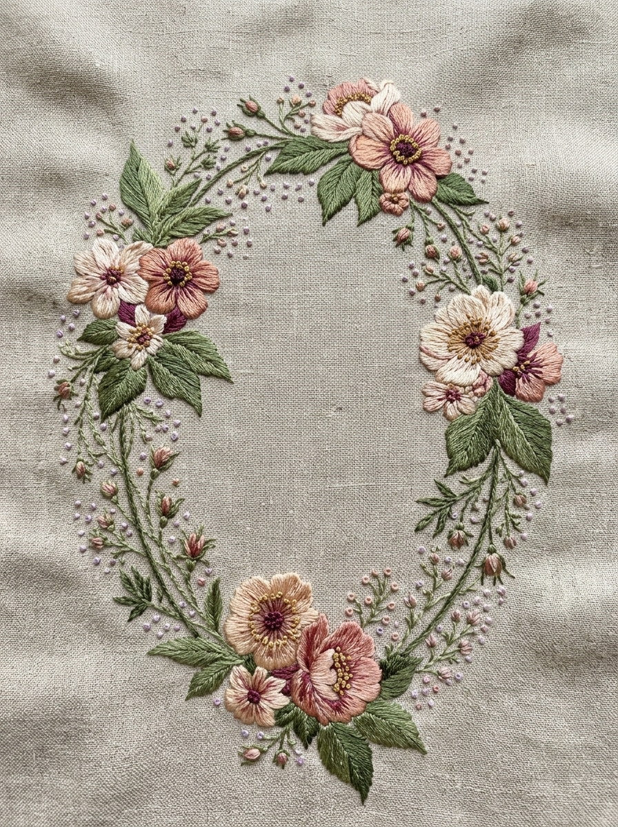 Oval Floral Wreath Frame Classic from Classic Frames & Borders Book 4, a digital embroidery design reference for machine embroidery designs, embroidery patterns and border and edge embroidery.