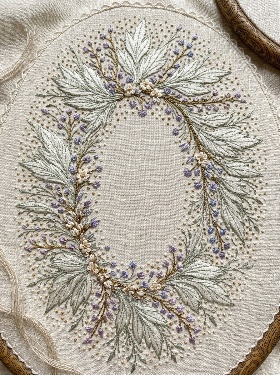 Oval Whitework Initial Frame French from French Embroidery & La Broderie Blanche Book 6, a digital embroidery design reference for machine embroidery designs, embroidery patterns and frames and monogram spaces.