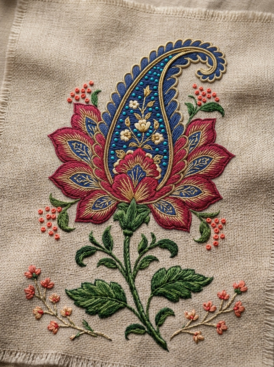 Paisley Gift Pouch Motif Mughal from Mughal & Persian Garden Embroidery Book 2, a digital embroidery design reference for machine embroidery designs, embroidery patterns and botanical and floral embroidery.
