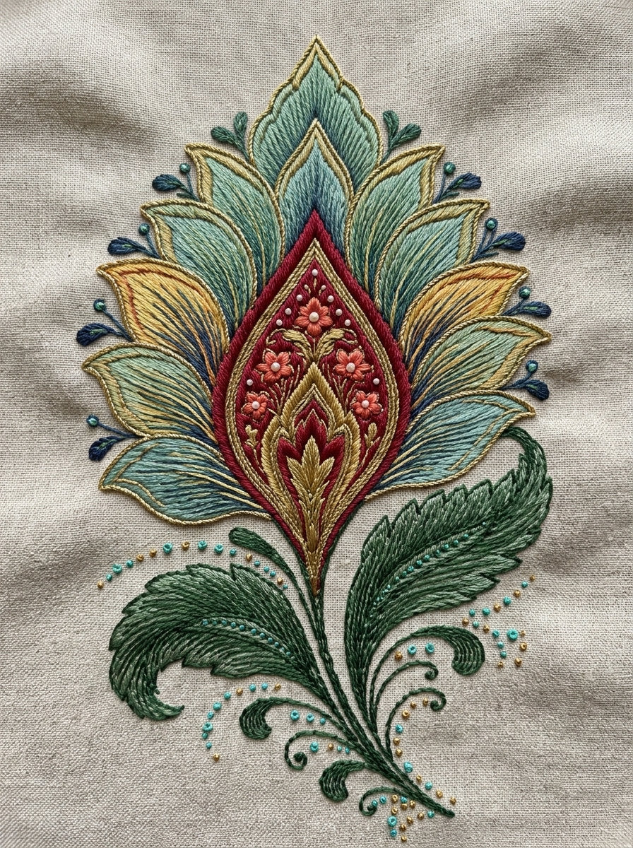 Paisley Gift Pouch Motif Mughal from Mughal & Persian Garden Embroidery Book 3, a digital embroidery design reference for machine embroidery designs, embroidery patterns and botanical and floral embroidery.