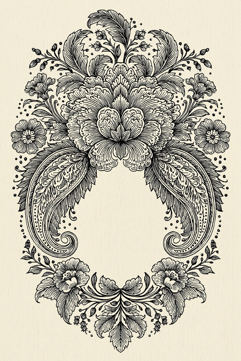 Paisley Label Cartouche Mughal And from Mughal & Persian Garden Embroidery Book 6, a digital embroidery design reference for machine embroidery designs, embroidery patterns and frames and monogram spaces.