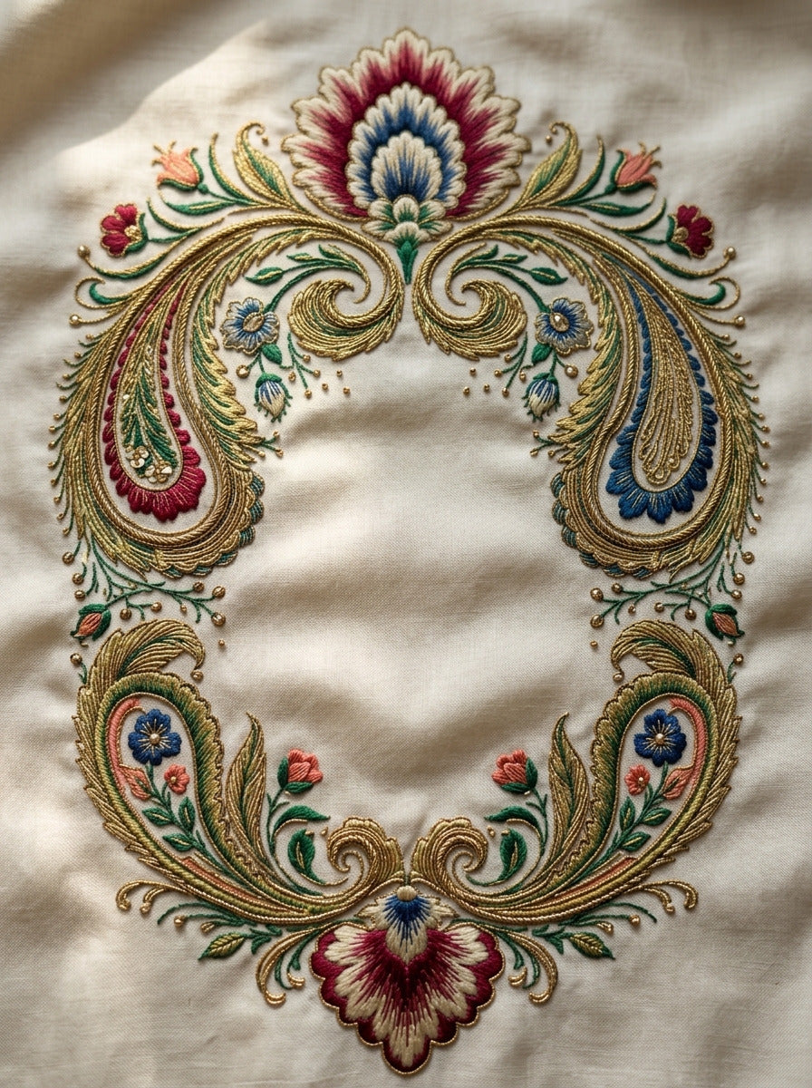 Paisley Label Cartouche Mughal And from Mughal & Persian Garden Embroidery Book 2, a digital embroidery design reference for machine embroidery designs, embroidery patterns and frames and monogram spaces.