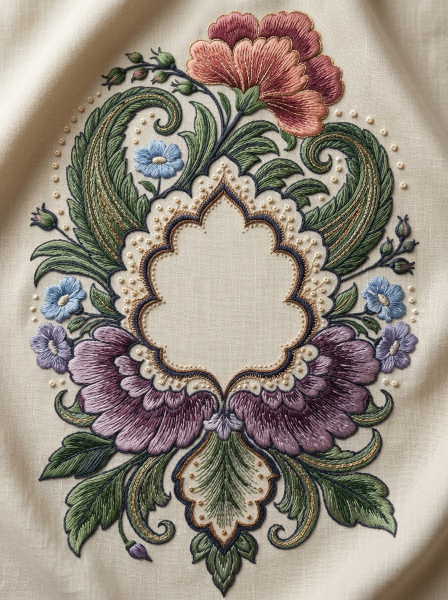 Paisley Label Cartouche Mughal And from Mughal & Persian Garden Embroidery Book 6, a digital embroidery design reference for machine embroidery designs, embroidery patterns and frames and monogram spaces.
