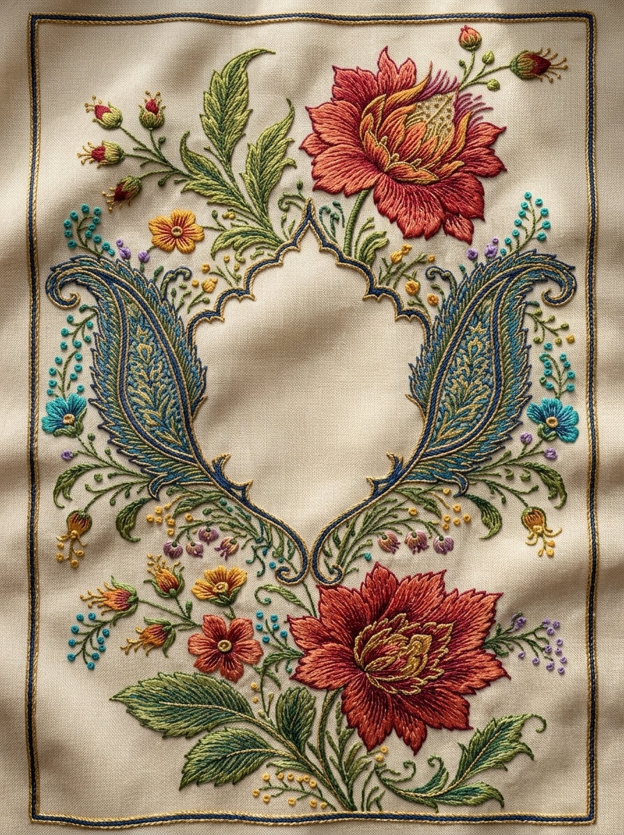 Paisley Label Cartouche Mughal And from Mughal & Persian Garden Embroidery Book 4, a digital embroidery design reference for machine embroidery designs, embroidery patterns and frames and monogram spaces.